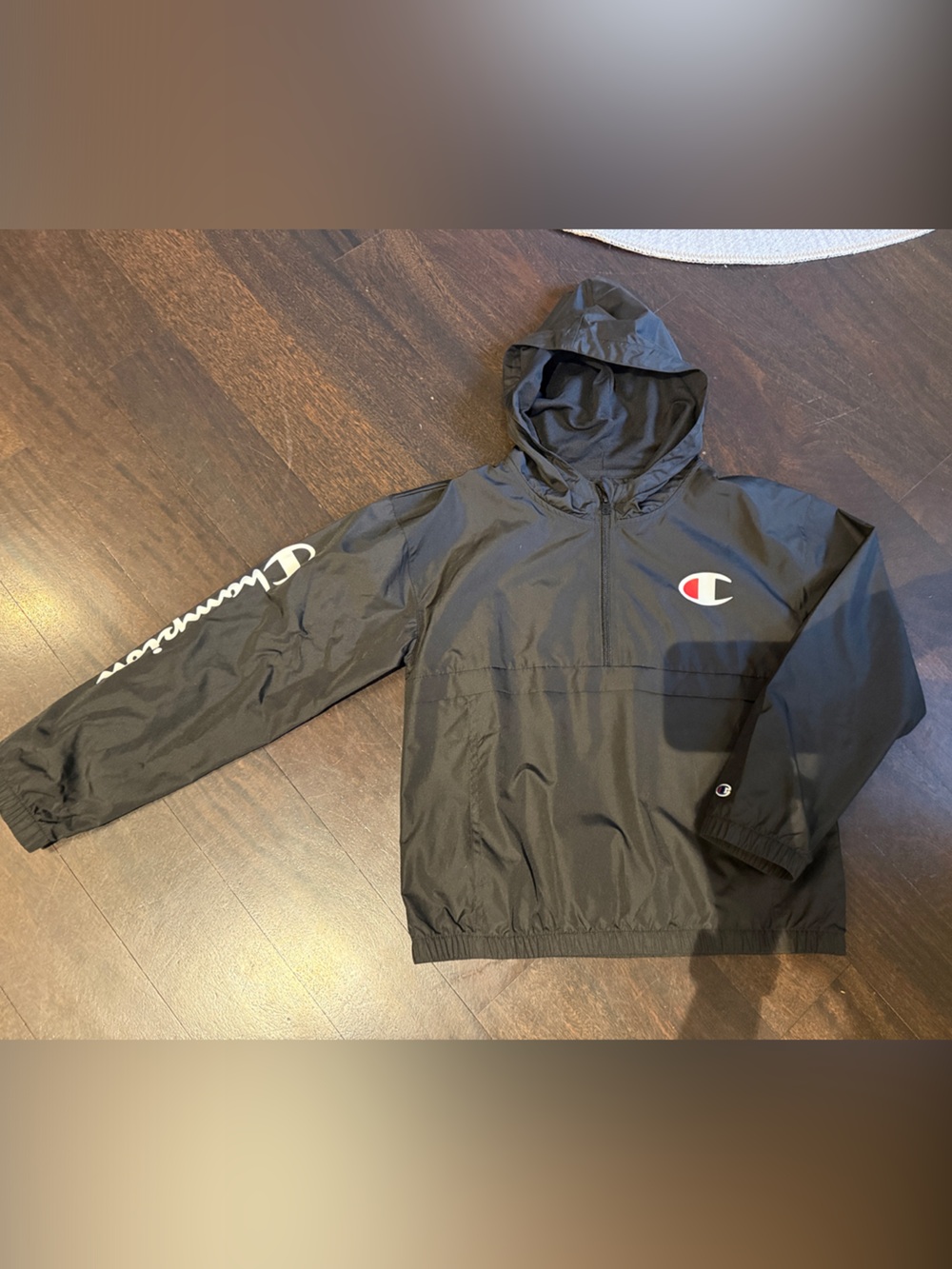 Youth Champion Black Hooded Pullover Windbreaker with Logo